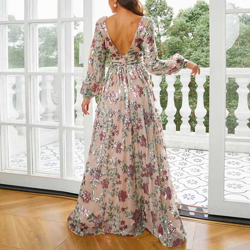 Women's Long Sleeve Sequin Maxi Dress Wedding Guest Dress