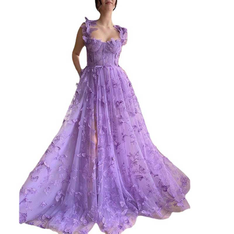 Women A Line Square Neck 3D Lace Appliqued Tulle Long Prom Evening Dress