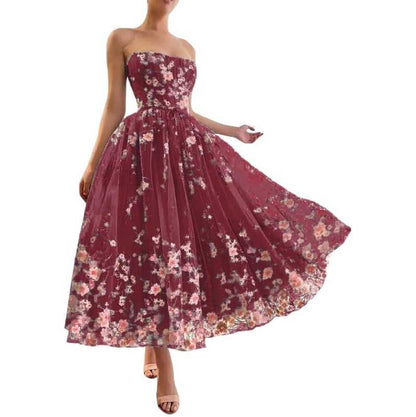Strapless Flower Tea Length Embroidered Tulle Lace Formal Dress Homecoming Dress