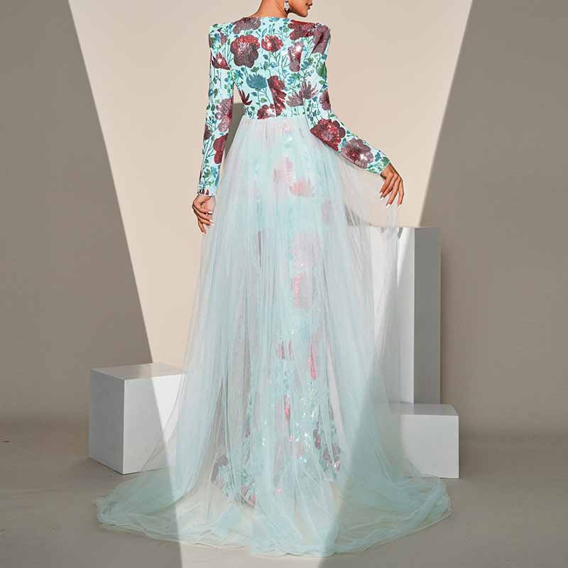 Long Sleeve Turquoise Floral Sequin Prom Dress Event Dress Wedding Guest Dress