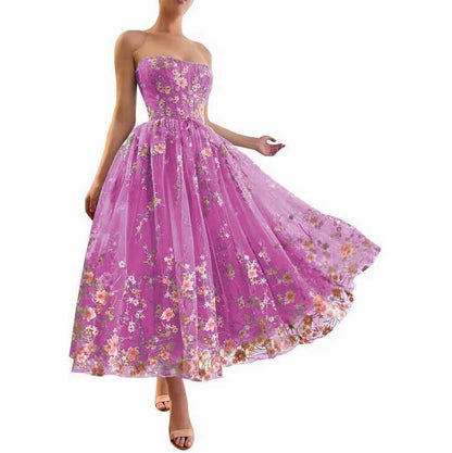 Strapless Flower Tea Length Embroidered Tulle Lace Formal Dress Homecoming Dress