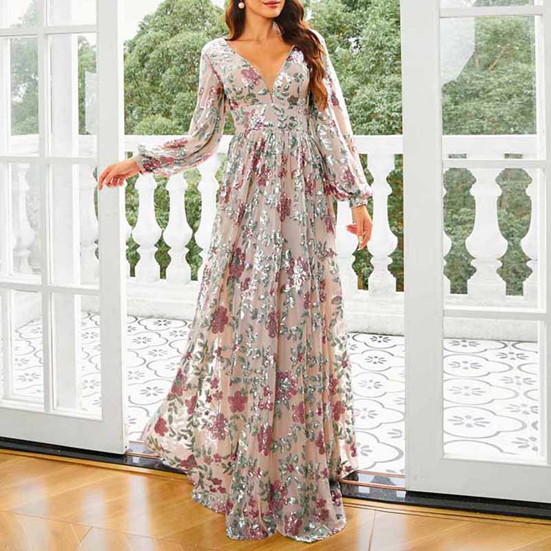 Women's Long Sleeve Sequin Maxi Dress Wedding Guest Dress