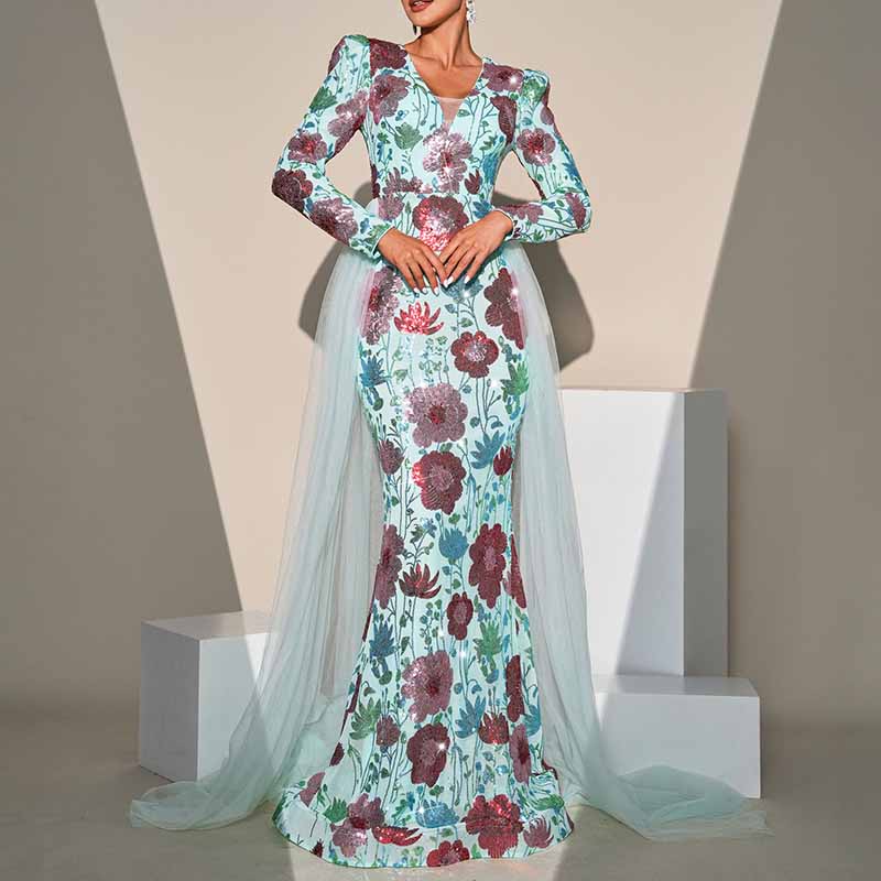 Long Sleeve Turquoise Floral Sequin Prom Dress Event Dress Wedding Guest Dress