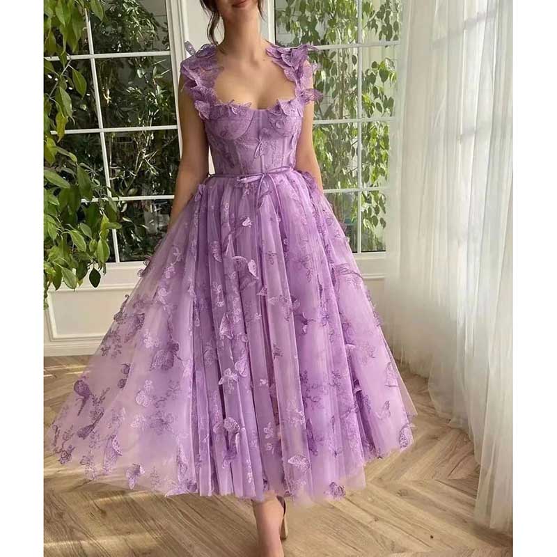 Women A Line Square Neck 3D Lace Appliqued Tulle Long Prom Evening Dress