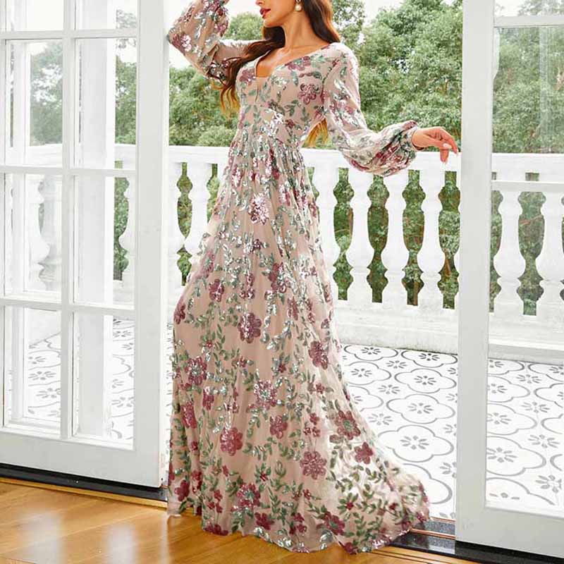 Women's Long Sleeve Sequin Maxi Dress Wedding Guest Dress