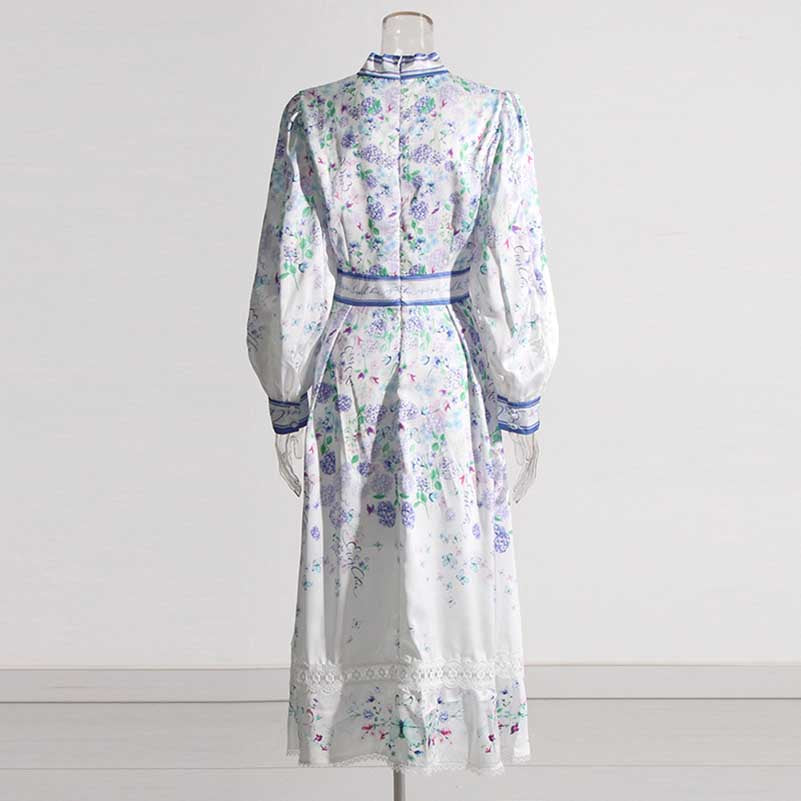 Lace-Up Collar White Long Sleeve Floral Maxi Dress