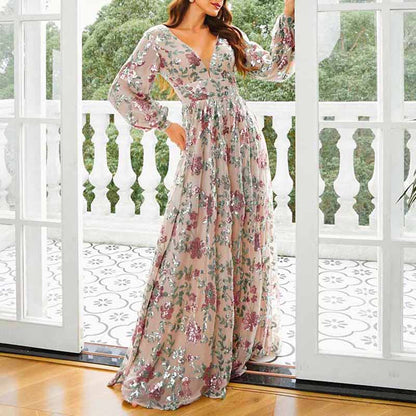 Women's Long Sleeve Sequin Maxi Dress Wedding Guest Dress