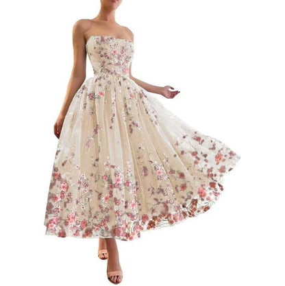 Strapless Flower Tea Length Embroidered Tulle Lace Formal Dress Homecoming Dress