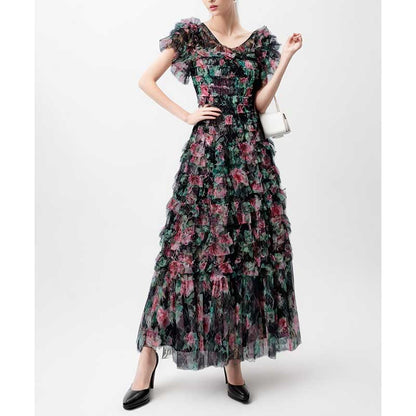 Womens Off The Shoulder Tulle Maxi Dress Chic Party Floral Event Dress