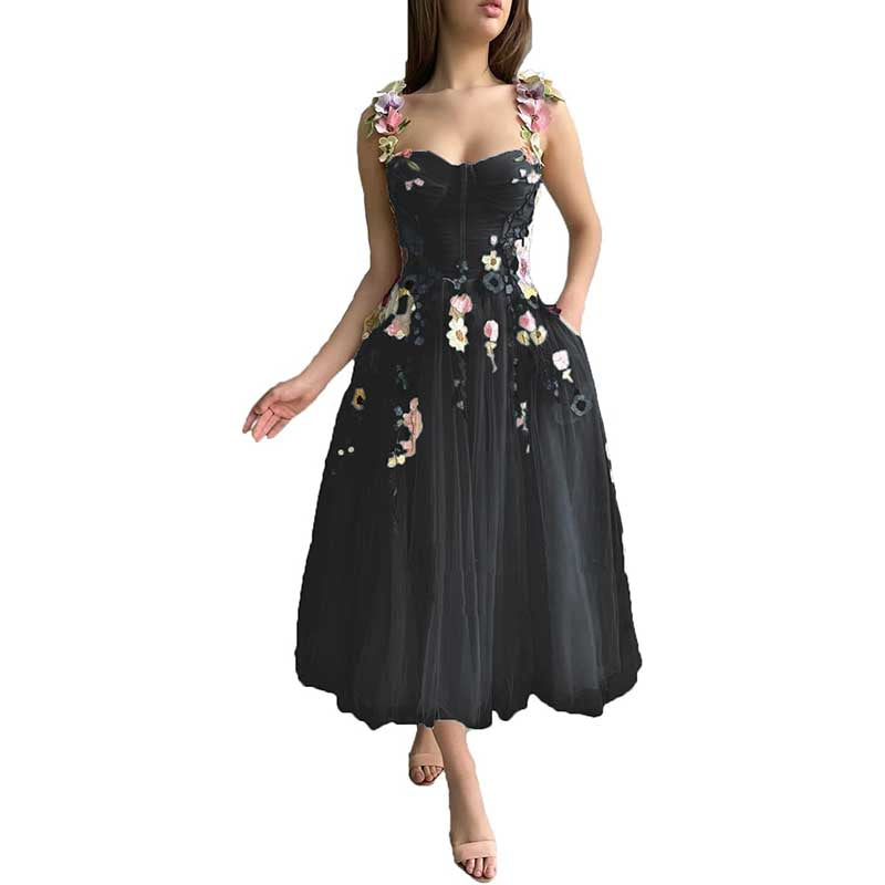 Women's 3D Flower Spaghetti Strap Prom Dress A-line Sweetheart Wedding Party Dress