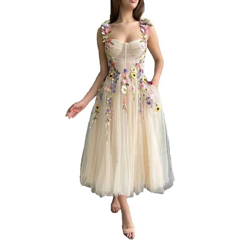 Women's 3D Flower Spaghetti Strap Prom Dress A-line Sweetheart Wedding Party Dress