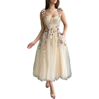 Women's 3D Flower Spaghetti Strap Prom Dress A-line Sweetheart Wedding Party Dress