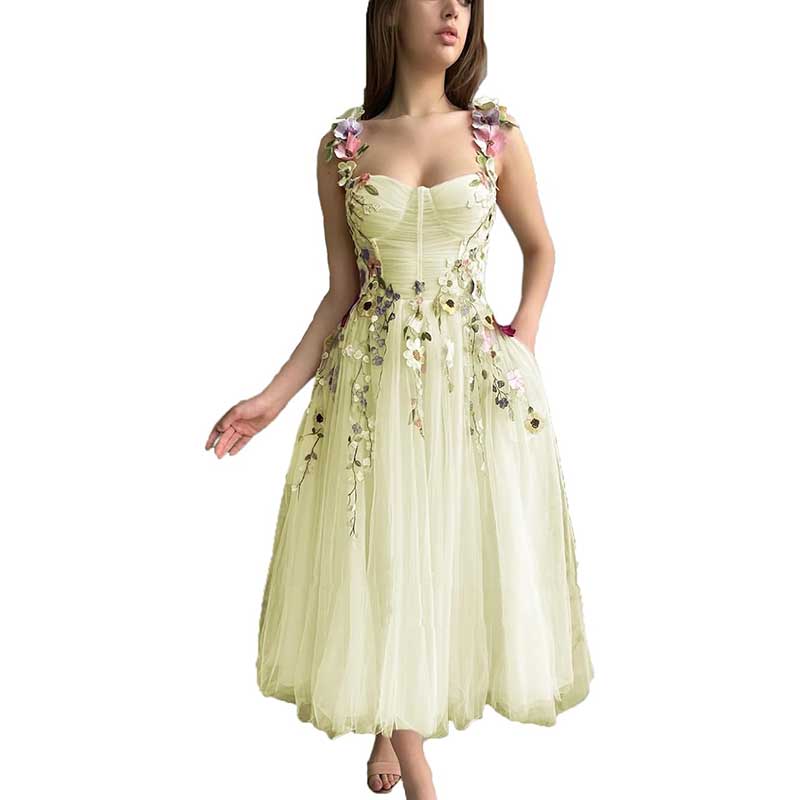 Women's 3D Flower Spaghetti Strap Prom Dress A-line Sweetheart Wedding Party Dress