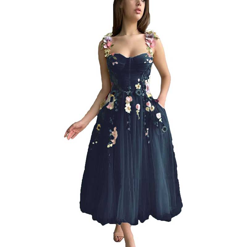 Women's 3D Flower Spaghetti Strap Prom Dress A-line Sweetheart Wedding Party Dress