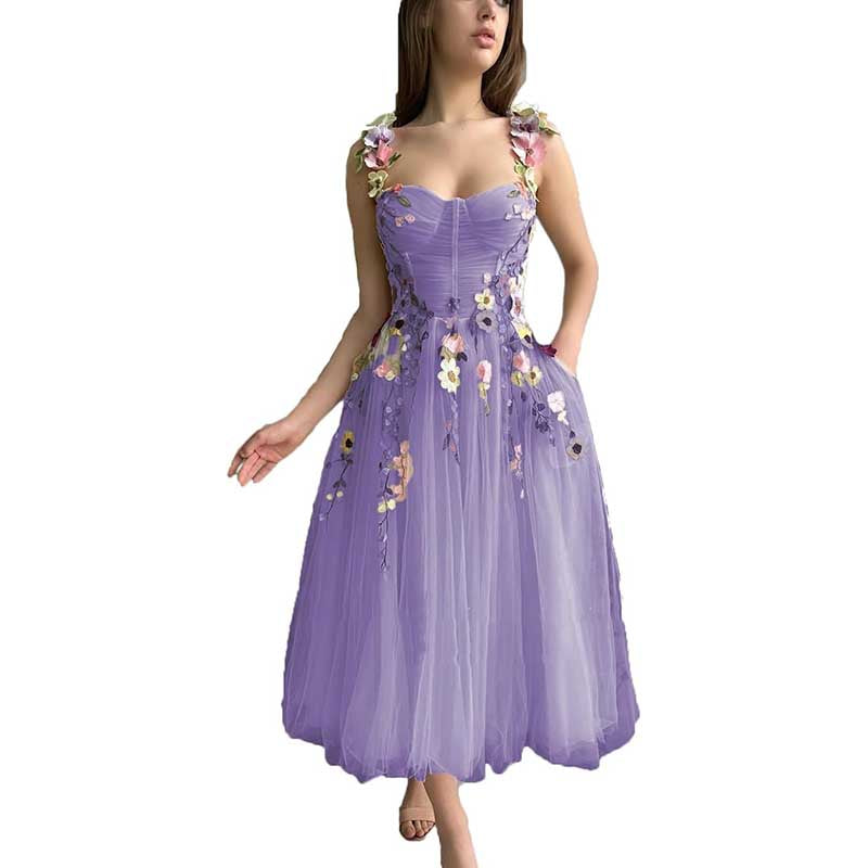 Women's 3D Flower Spaghetti Strap Prom Dress A-line Sweetheart Wedding Party Dress