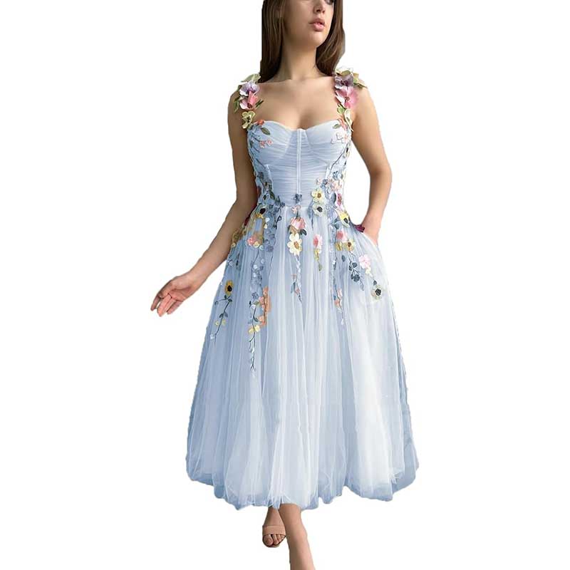 Women's 3D Flower Spaghetti Strap Prom Dress A-line Sweetheart Wedding Party Dress