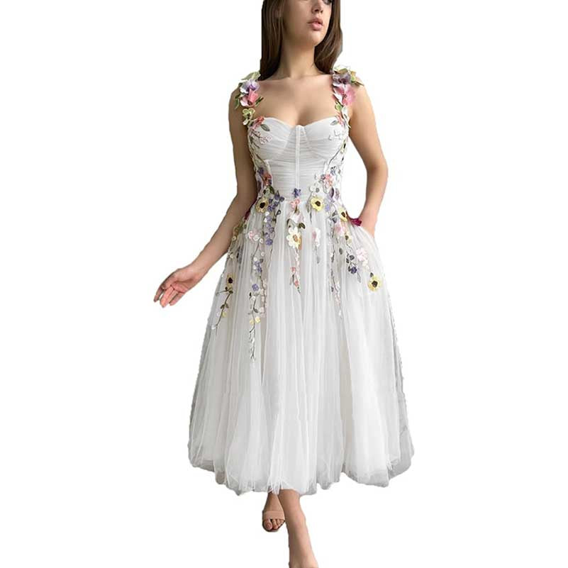 Women's 3D Flower Spaghetti Strap Prom Dress A-line Sweetheart Wedding Party Dress