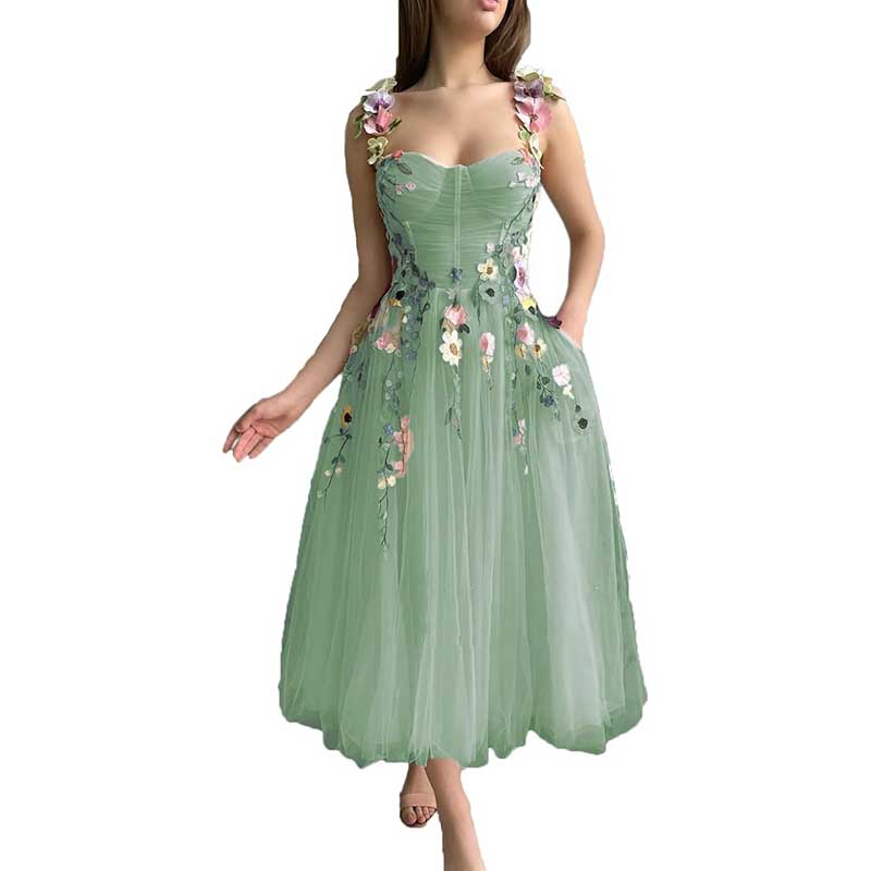 Women's 3D Flower Spaghetti Strap Prom Dress A-line Sweetheart Wedding Party Dress