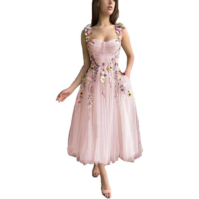 Women's 3D Flower Spaghetti Strap Prom Dress A-line Sweetheart Wedding Party Dress