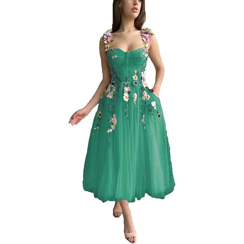 Women's 3D Flower Spaghetti Strap Prom Dress A-line Sweetheart Wedding Party Dress