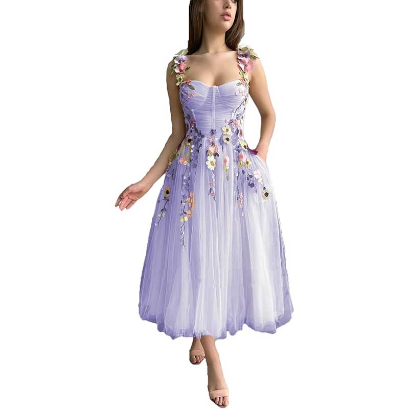 Women's 3D Flower Spaghetti Strap Prom Dress A-line Sweetheart Wedding Party Dress