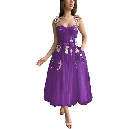 Women's 3D Flower Spaghetti Strap Prom Dress A-line Sweetheart Wedding Party Dress