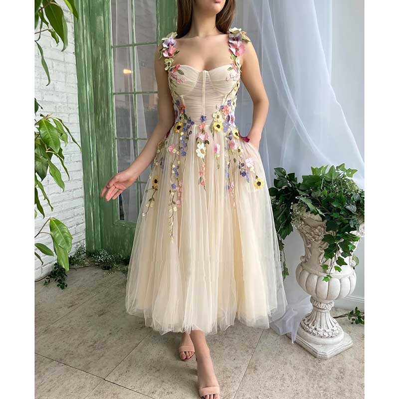 Women's 3D Flower Spaghetti Strap Prom Dress A-line Sweetheart Wedding Party Dress