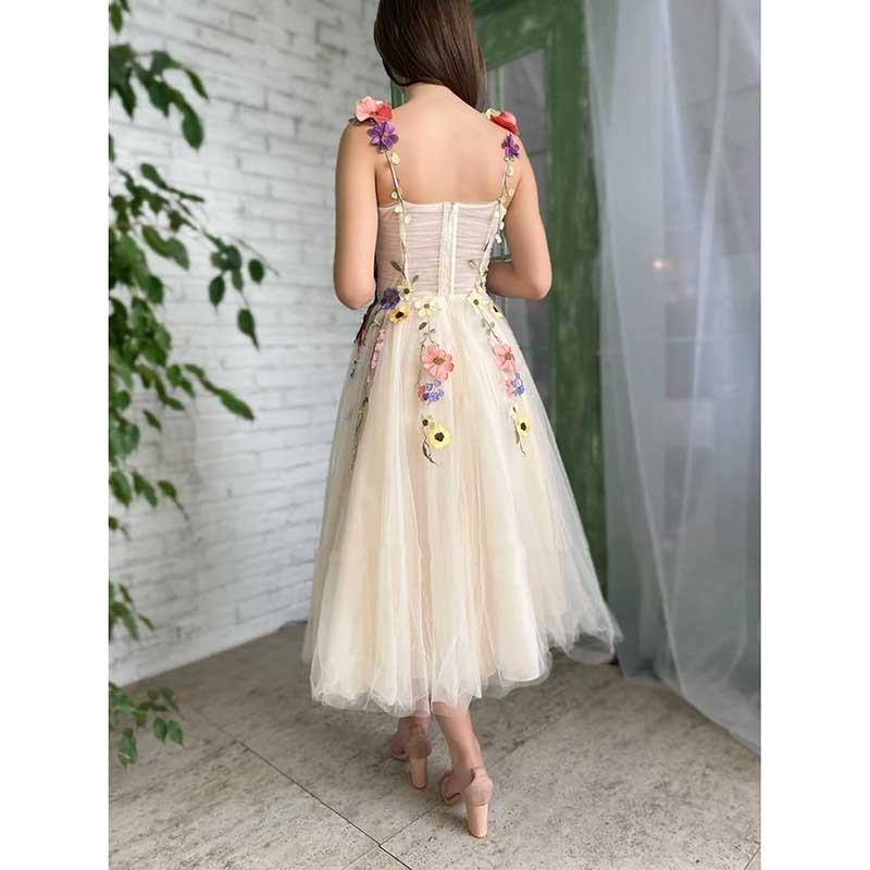 Women's 3D Flower Spaghetti Strap Prom Dress A-line Sweetheart Wedding Party Dress