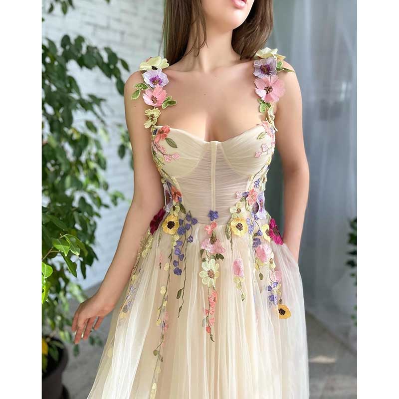 Women's 3D Flower Spaghetti Strap Prom Dress A-line Sweetheart Wedding Party Dress