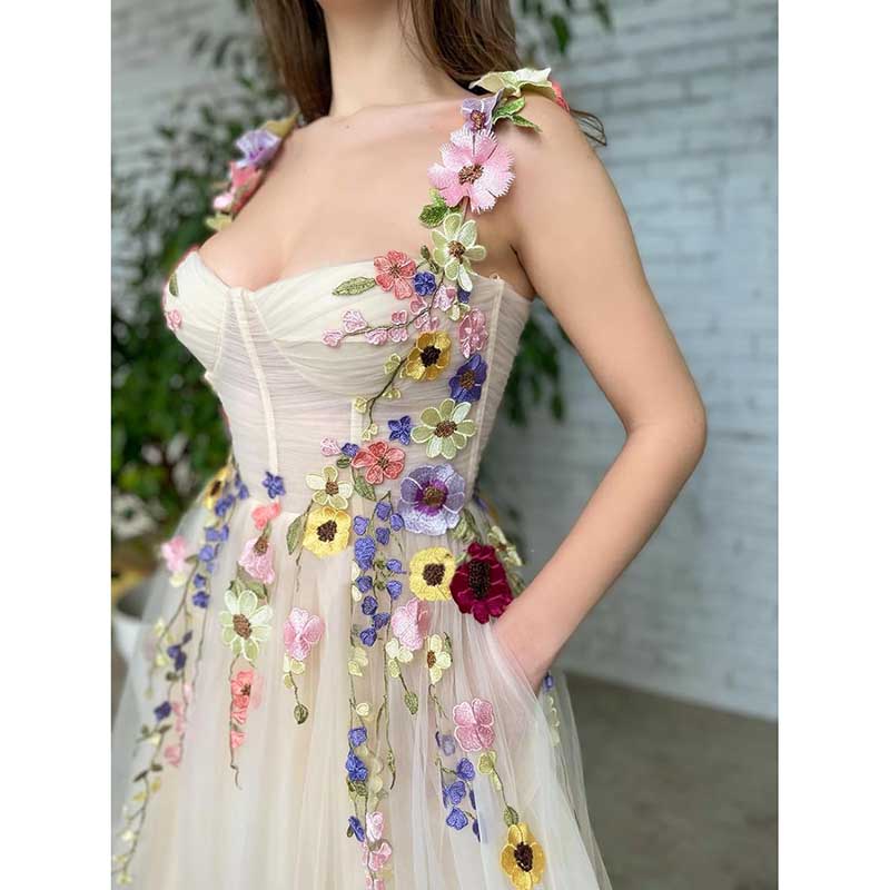 Women's 3D Flower Spaghetti Strap Prom Dress A-line Sweetheart Wedding Party Dress