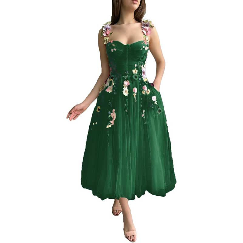 Women's 3D Flower Spaghetti Strap Prom Dress A-line Sweetheart Wedding Party Dress