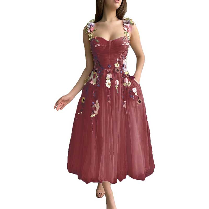 Women's 3D Flower Spaghetti Strap Prom Dress A-line Sweetheart Wedding Party Dress