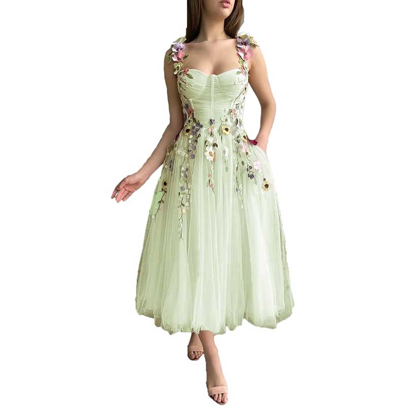 Women's 3D Flower Spaghetti Strap Prom Dress A-line Sweetheart Wedding Party Dress