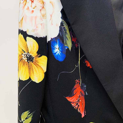 Women One Button Multi-Color Flowers Fitted Blazer + Flare Trousers Black Pants Suit, Party Suit