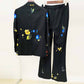 Women One Button Multi-Color Flowers Fitted Blazer + Flare Trousers Black Pants Suit, Party Suit