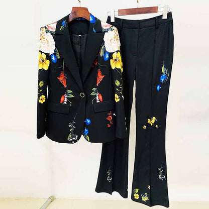 Women One Button Multi-Color Flowers Fitted Blazer + Flare Trousers Black Pants Suit, Party Suit