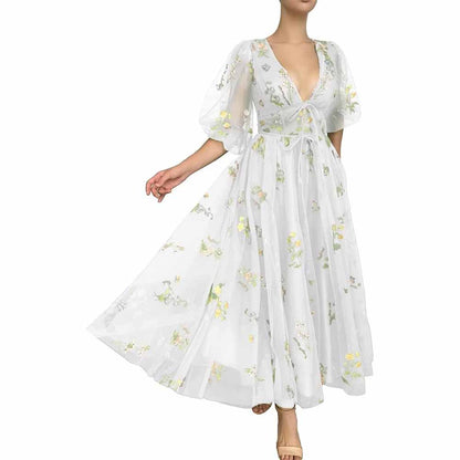 Puffy Sleeve Prom Dresses Flower Embroidery Tulle Formal Dress Evening Party Gowns