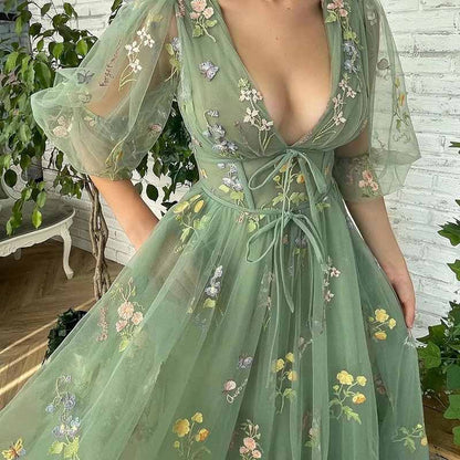 Puffy Sleeve Prom Dresses Flower Embroidery Tulle Formal Dress Evening Party Gowns