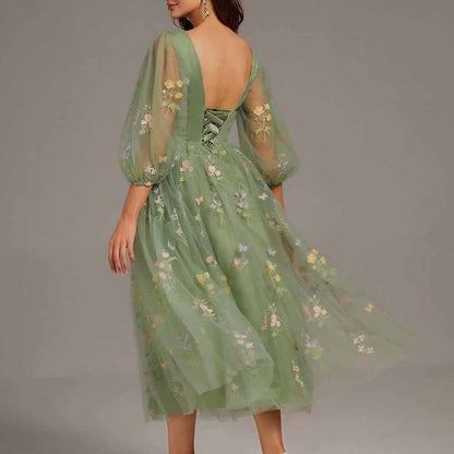 Puffy Sleeve Prom Dresses Flower Embroidery Tulle Formal Dress Evening Party Gowns