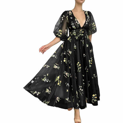 Puffy Sleeve Prom Dresses Flower Embroidery Tulle Formal Dress Evening Party Gowns