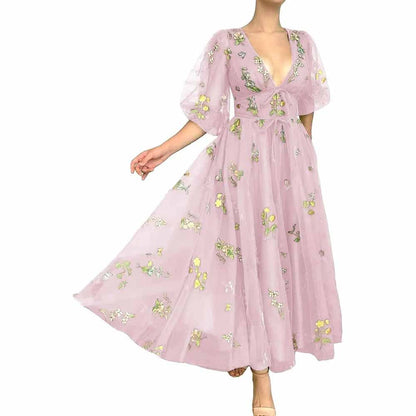 Puffy Sleeve Prom Dresses Flower Embroidery Tulle Formal Dress Evening Party Gowns