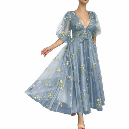 Puffy Sleeve Prom Dresses Flower Embroidery Tulle Formal Dress Evening Party Gowns