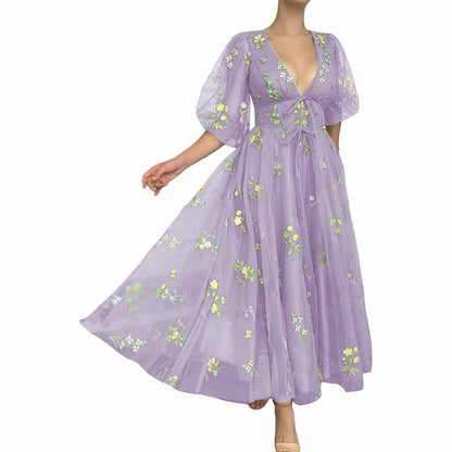 Puffy Sleeve Prom Dresses Flower Embroidery Tulle Formal Dress Evening Party Gowns