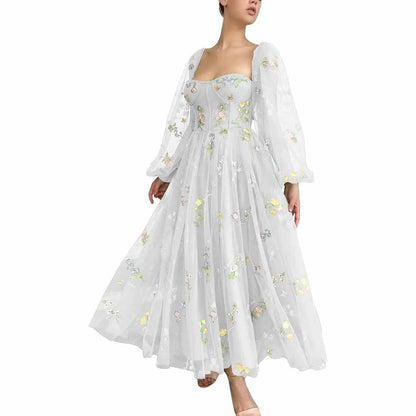 Puffy Sleeve Prom Dresses Flower Embroidery Tulle Formal Dress Evening Party Gowns