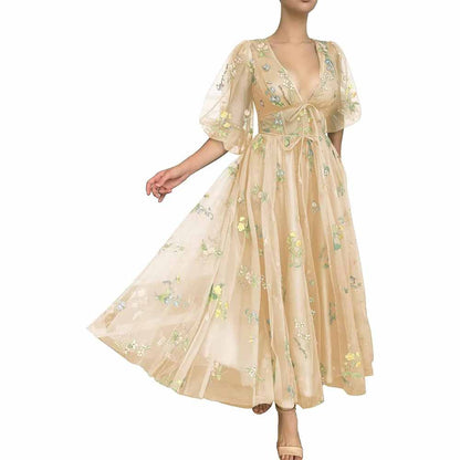 Puffy Sleeve Prom Dresses Flower Embroidery Tulle Formal Dress Evening Party Gowns