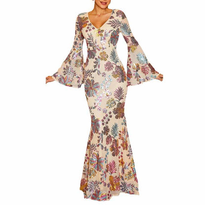 Floral Prom Dress V Neck Bell Sleeve Wedding Guest Dress