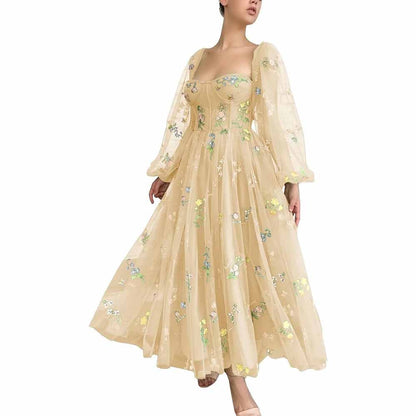 Puffy Sleeve Prom Dresses Flower Embroidery Tulle Formal Dress Evening Party Gowns