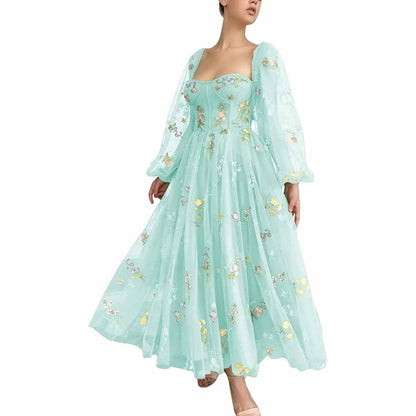 Puffy Sleeve Prom Dresses Flower Embroidery Tulle Formal Dress Evening Party Gowns