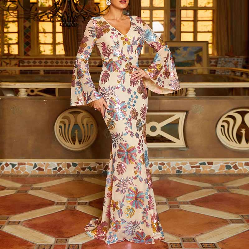 Floral Prom Dress V Neck Bell Sleeve Wedding Guest Dress