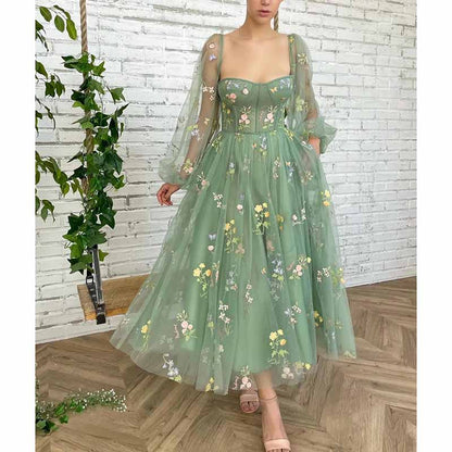 Puffy Sleeve Prom Dresses Flower Embroidery Tulle Formal Dress Evening Party Gowns